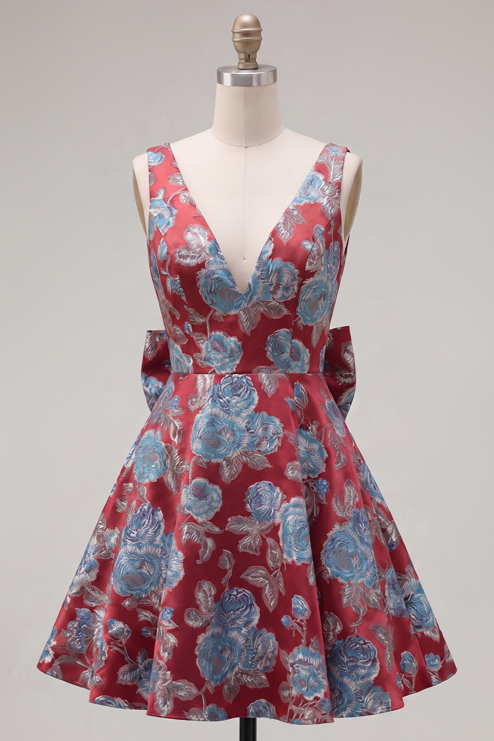 Red A Line V-Neck Short Floral Homecoming Dress with Bow