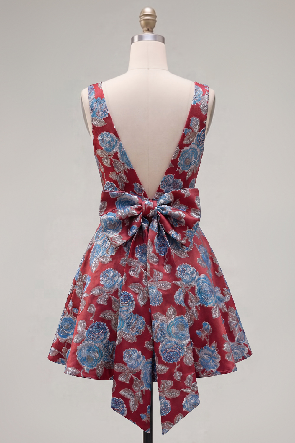 Red A Line V-Neck Short Floral Homecoming Dress with Bow