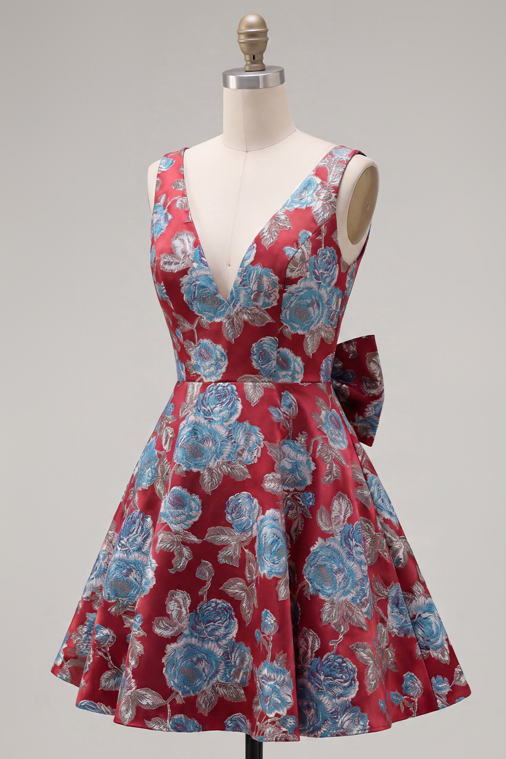 Red A Line V-Neck Short Floral Homecoming Dress with Bow