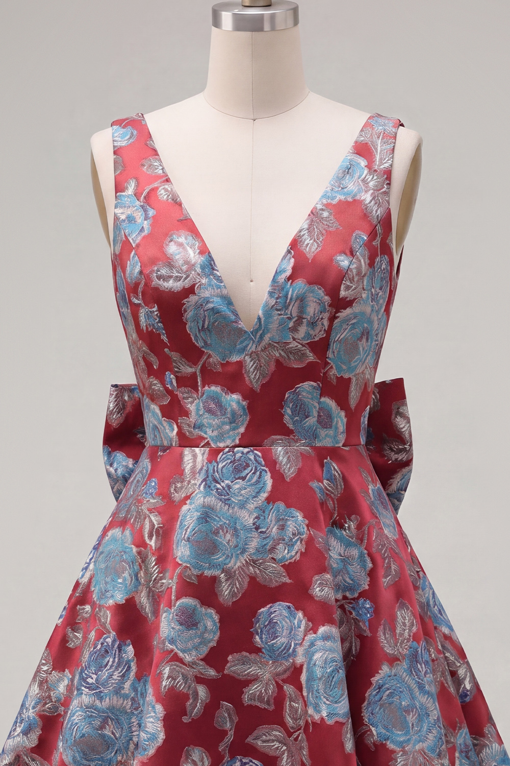 Red A Line V-Neck Short Floral Homecoming Dress with Bow