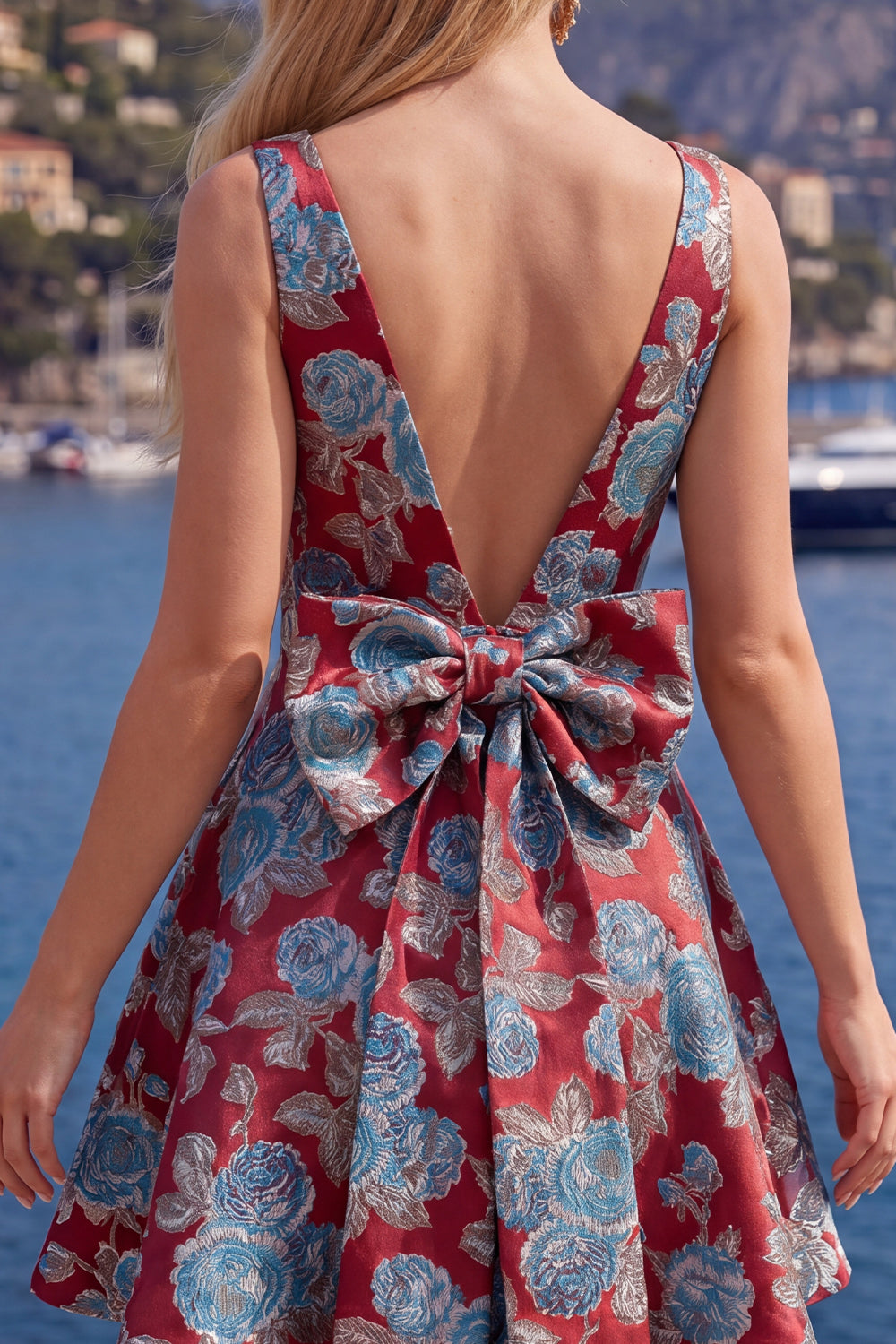 Red A Line V-Neck Short Floral Homecoming Dress with Bow