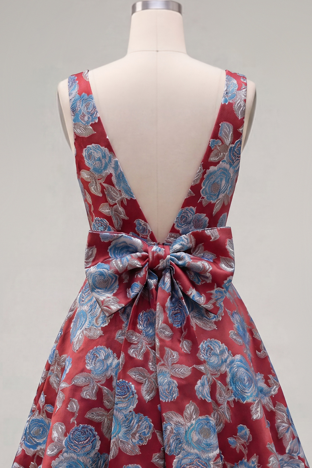 Red A Line V-Neck Short Floral Homecoming Dress with Bow