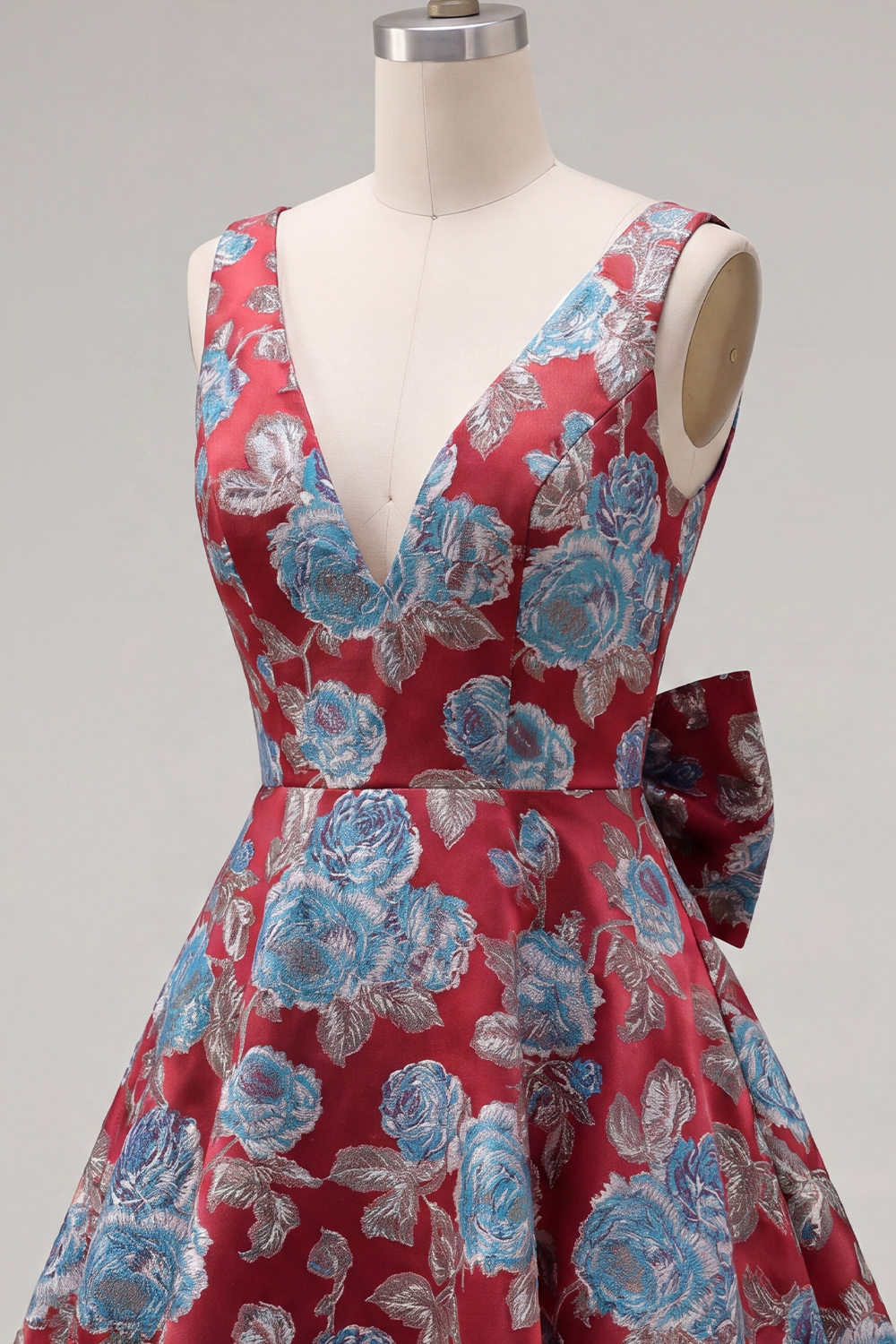 Red A Line V-Neck Short Floral Homecoming Dress with Bow