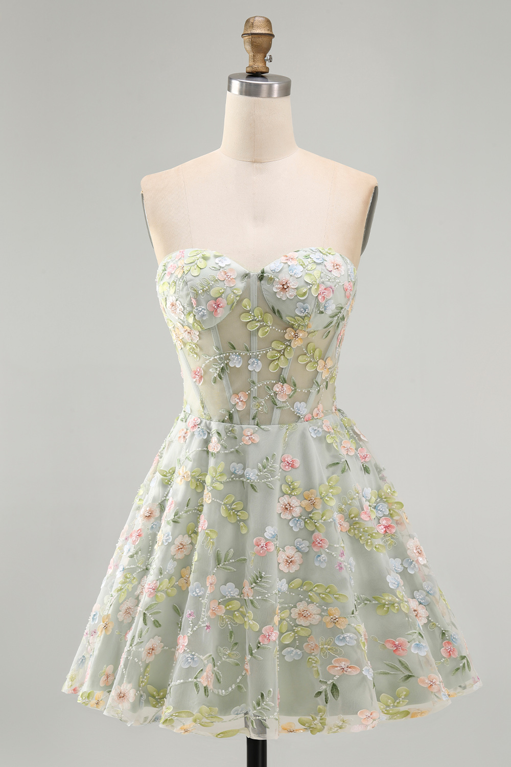 A Line Green Sweetheart Short Corset Homecoming Dress with 3D Flowers