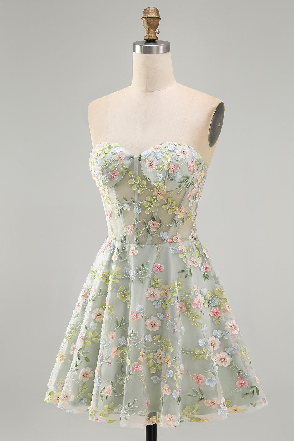 A Line Green Sweetheart Short Corset Homecoming Dress with 3D Flowers