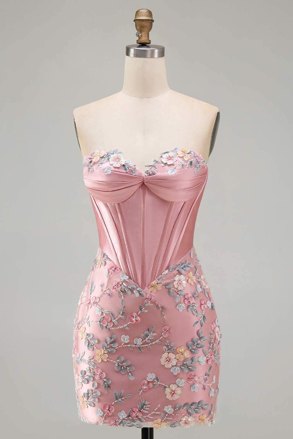 Floral Pink Sweetheart Tight Short Corset Homecoming Dress