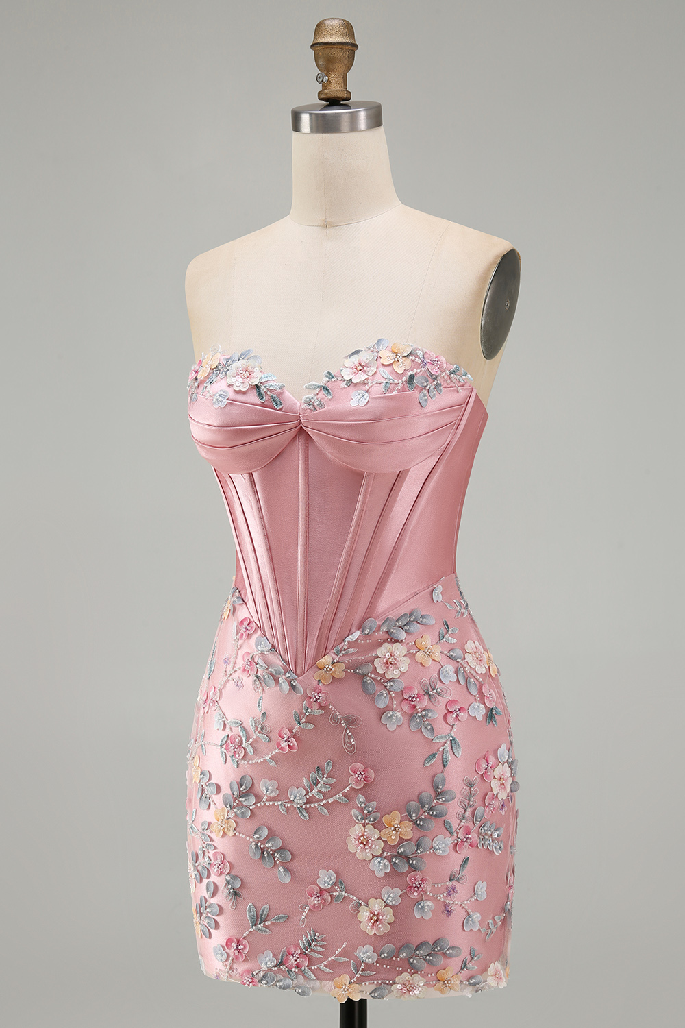 Floral Pink Sweetheart Tight Short Corset Homecoming Dress