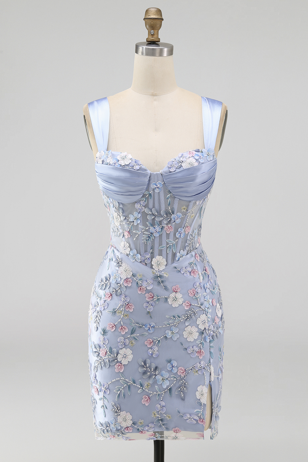 Blue Thick Straps Floral Tight Short Corset Homecoming Dress with Slit