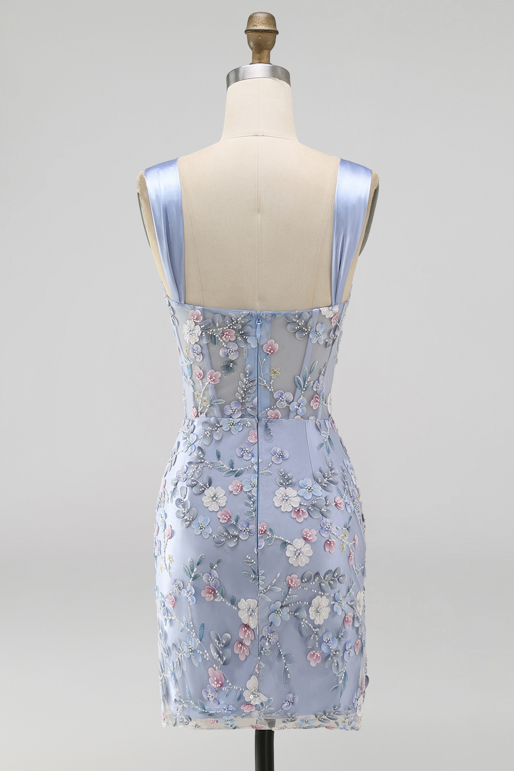 Blue Thick Straps Floral Tight Short Corset Homecoming Dress with Slit
