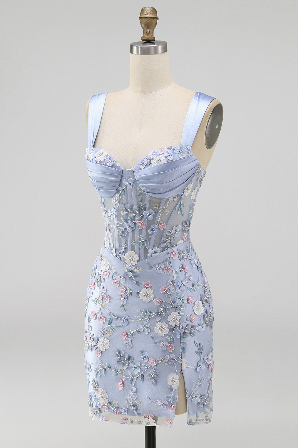 Blue Thick Straps Floral Tight Short Corset Homecoming Dress with Slit