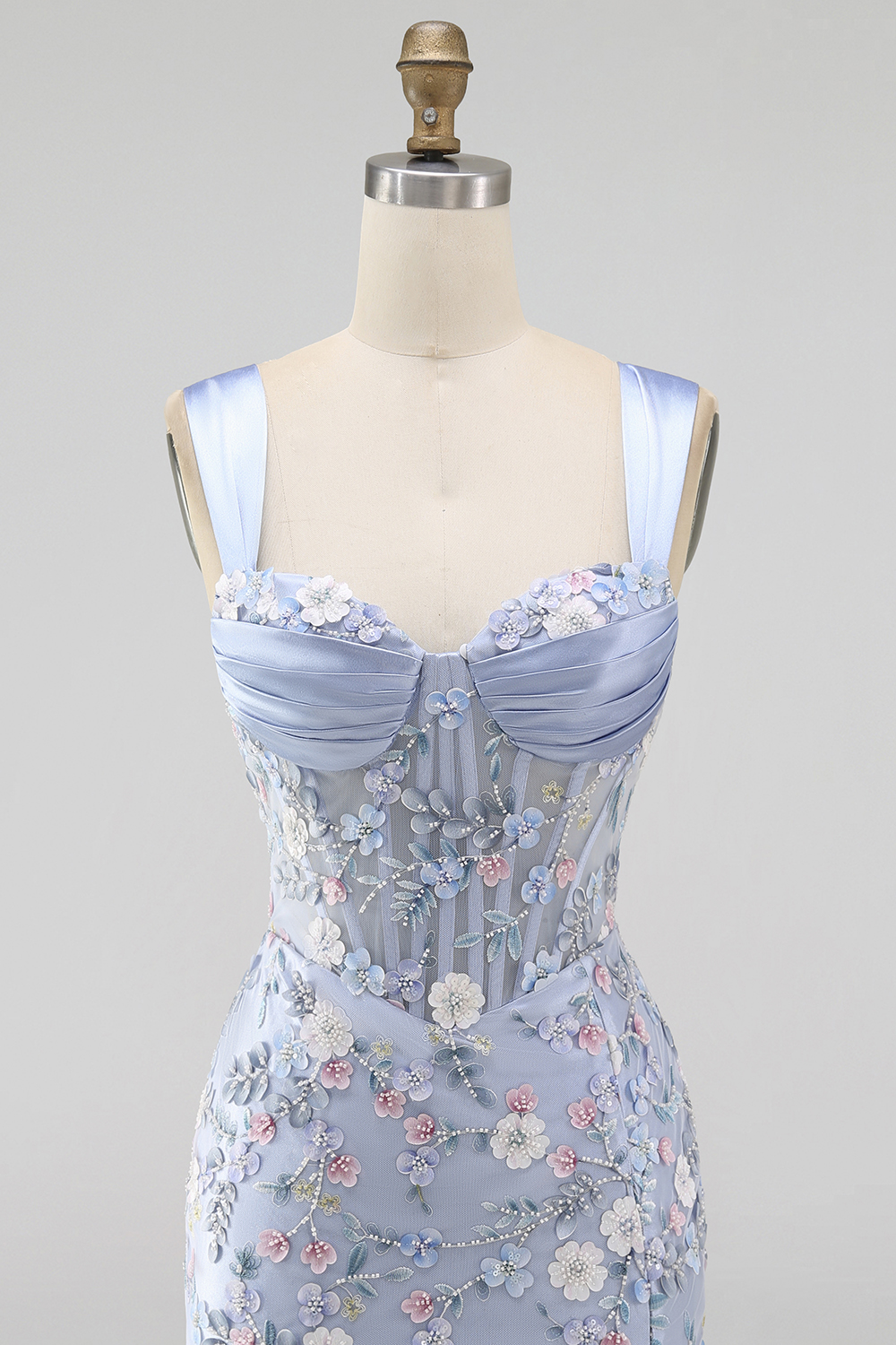 Blue Thick Straps Floral Tight Short Corset Homecoming Dress with Slit