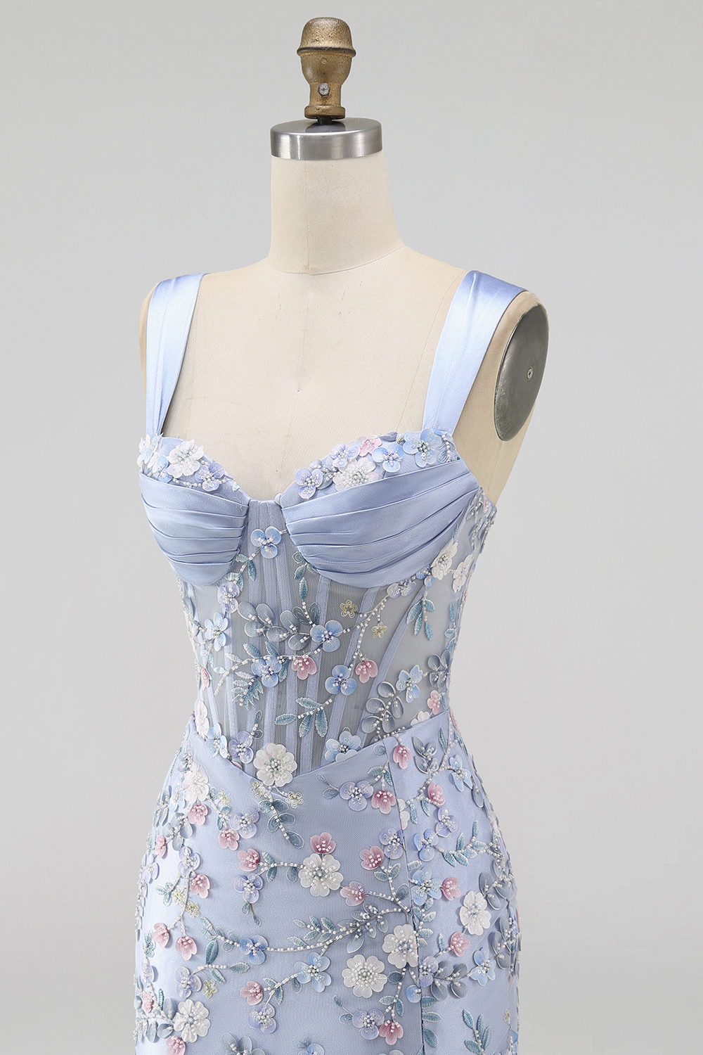 Blue Thick Straps Floral Tight Short Corset Homecoming Dress with Slit