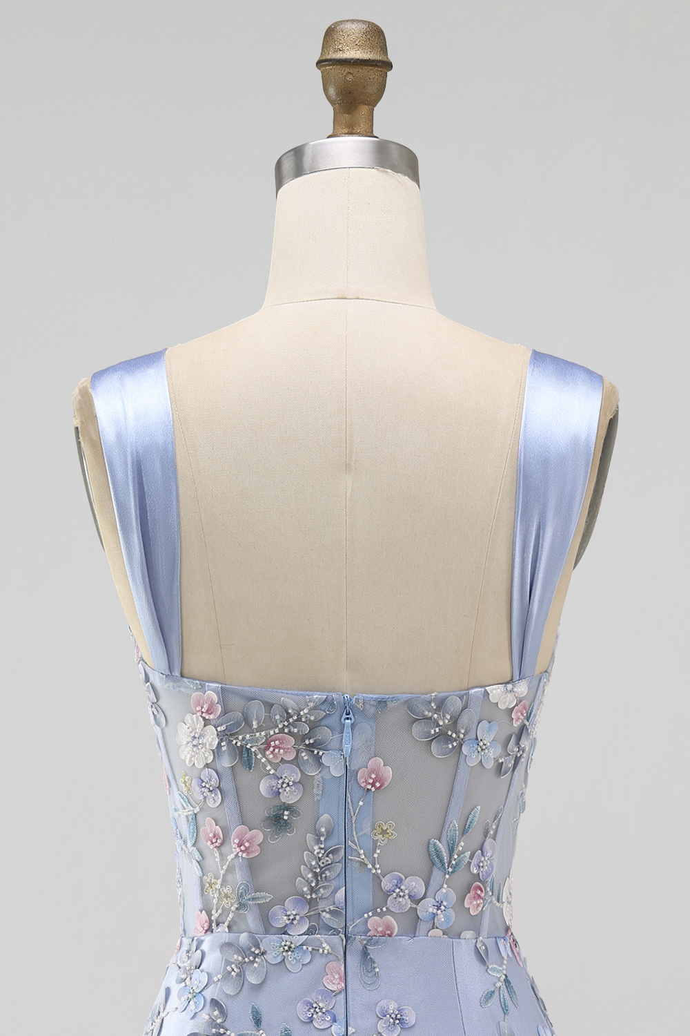 Blue Thick Straps Floral Tight Short Corset Homecoming Dress with Slit