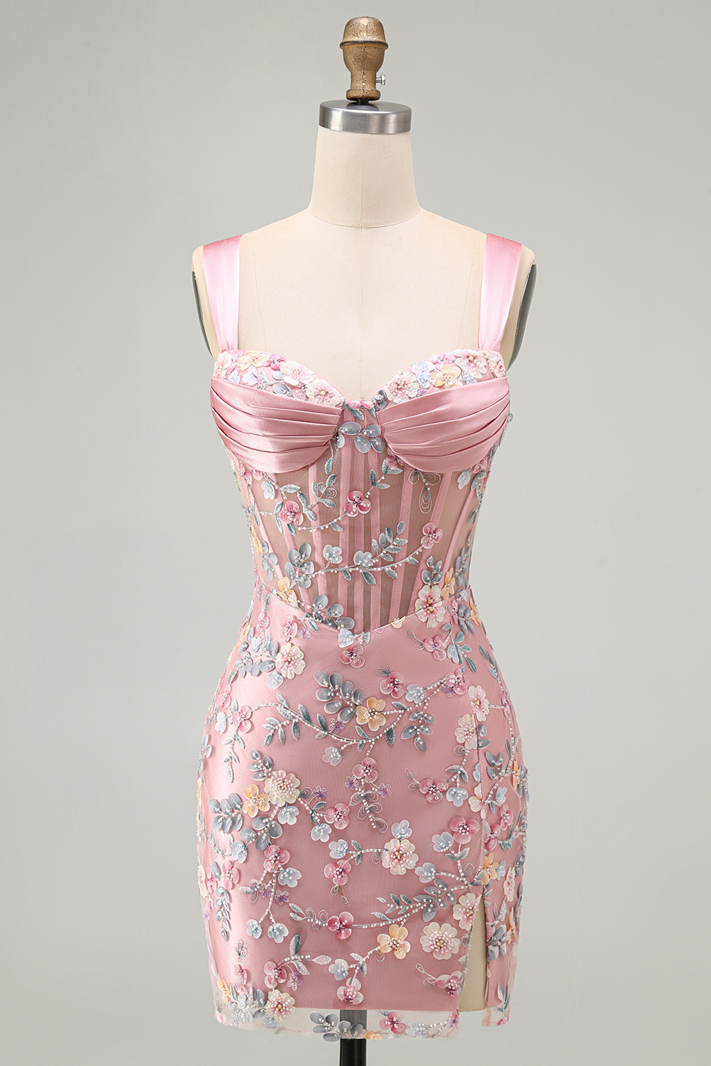 Blue Thick Straps Floral Tight Short Corset Homecoming Dress with Slit