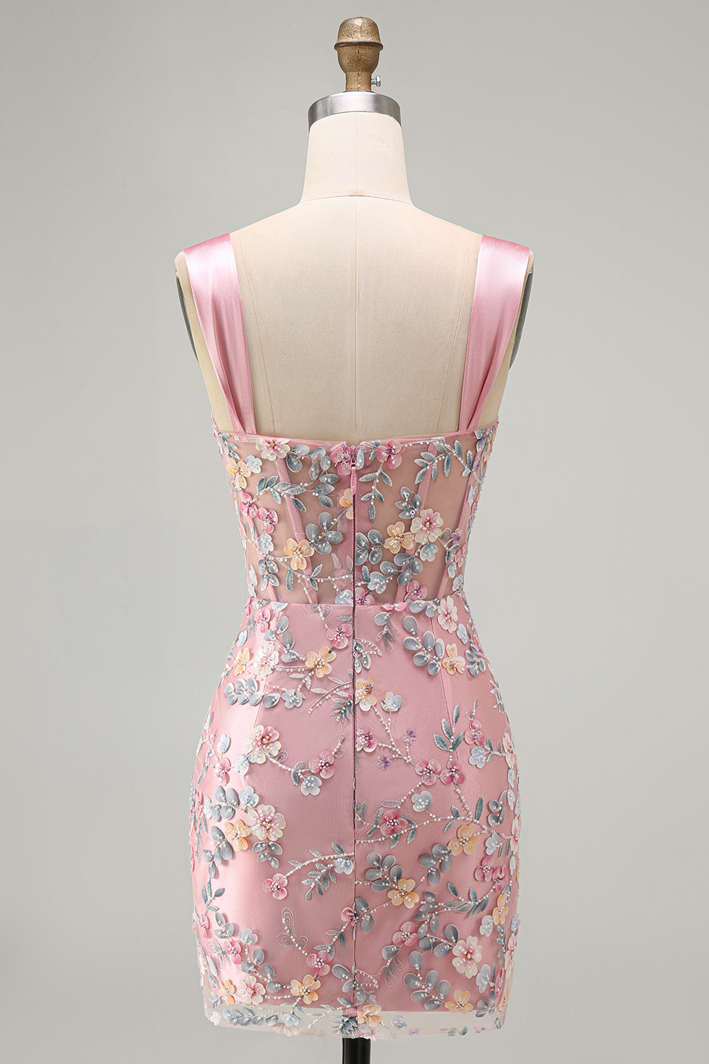 Blue Thick Straps Floral Tight Short Corset Homecoming Dress with Slit