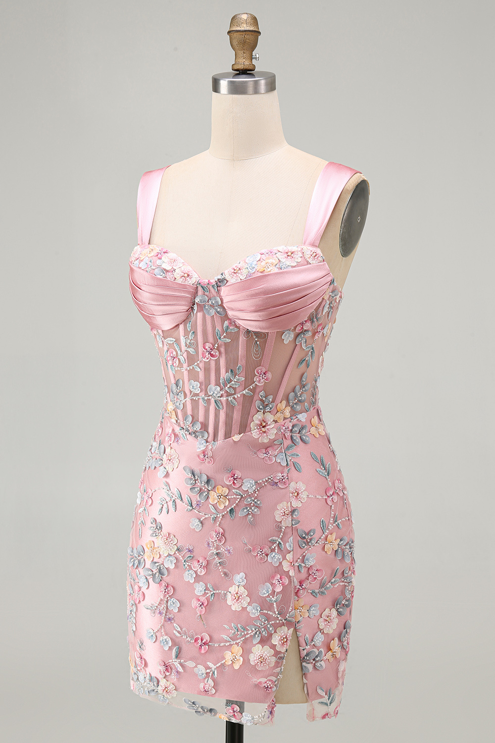 Blue Thick Straps Floral Tight Short Corset Homecoming Dress with Slit