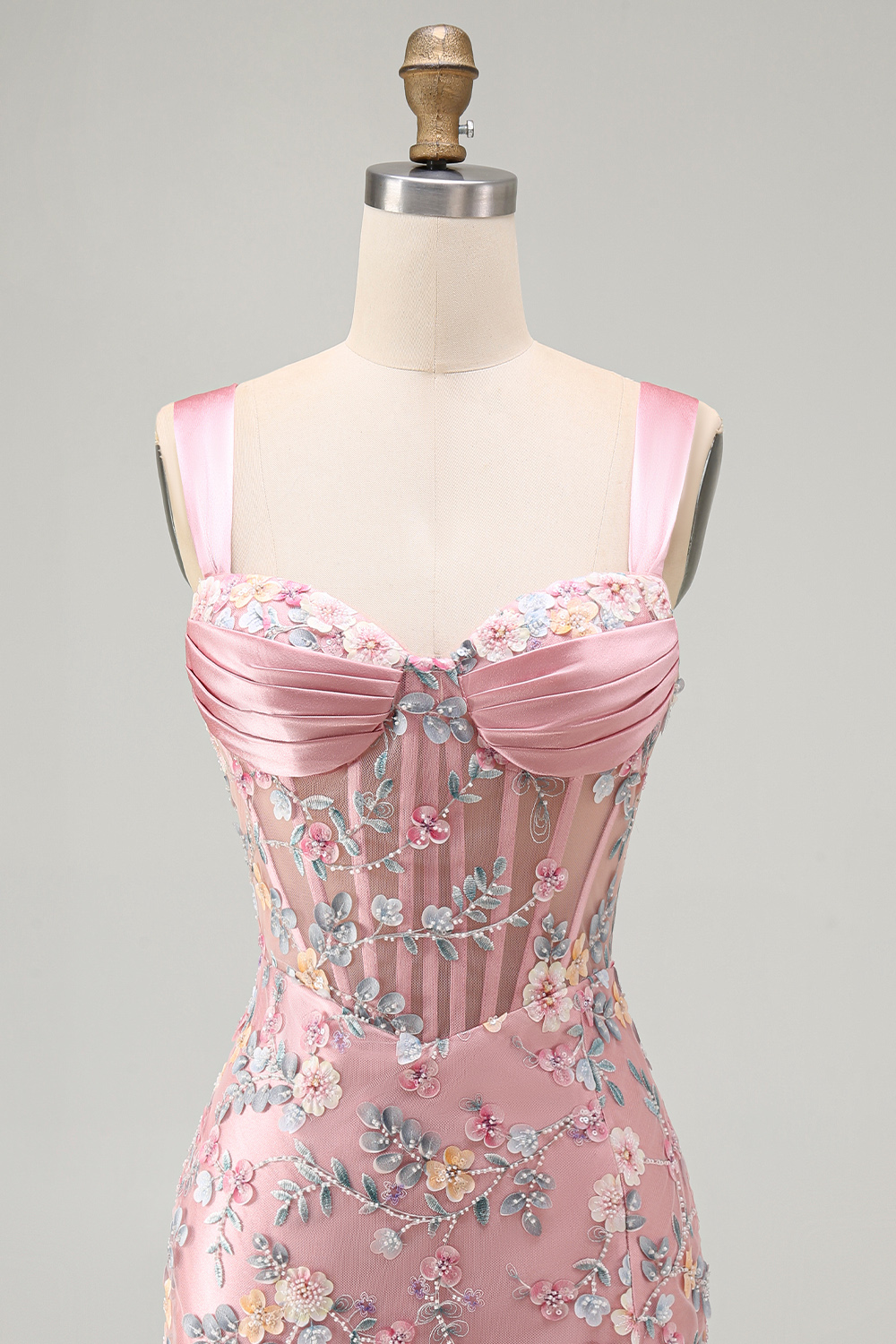 Blue Thick Straps Floral Tight Short Corset Homecoming Dress with Slit