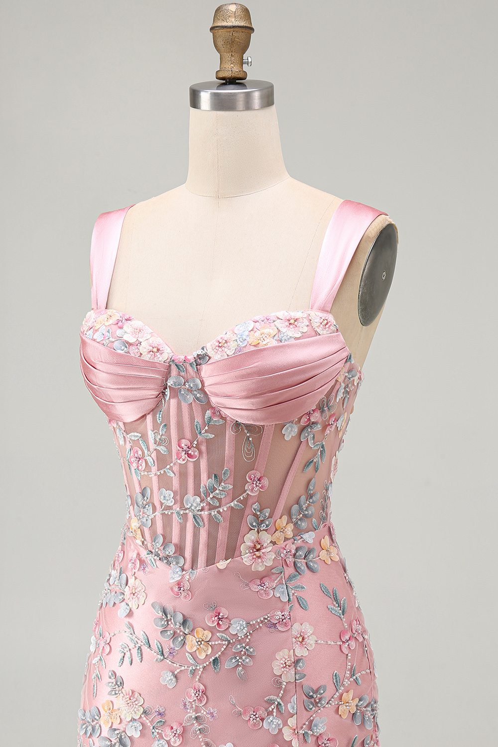 Blue Thick Straps Floral Tight Short Corset Homecoming Dress with Slit