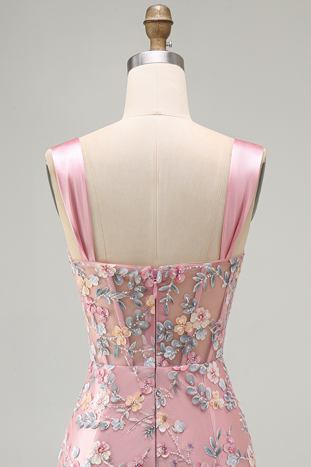 Blue Thick Straps Floral Tight Short Corset Homecoming Dress with Slit
