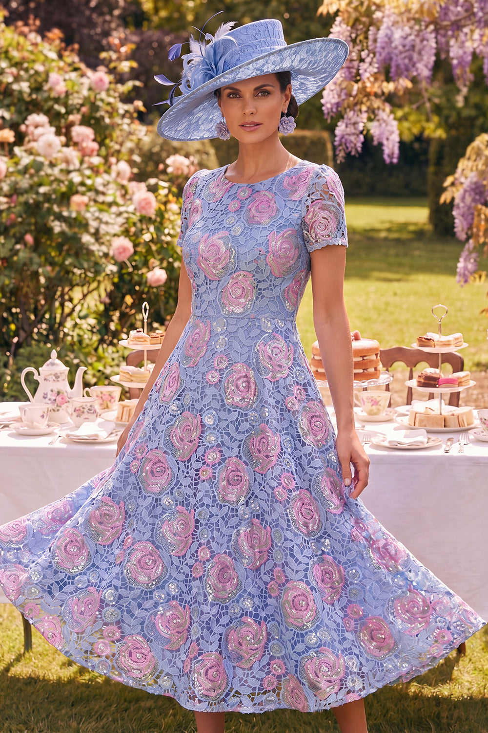 Sparkly Blue A Line Boat Neck Maxi Beaded Floral Mother of the Bride Dress