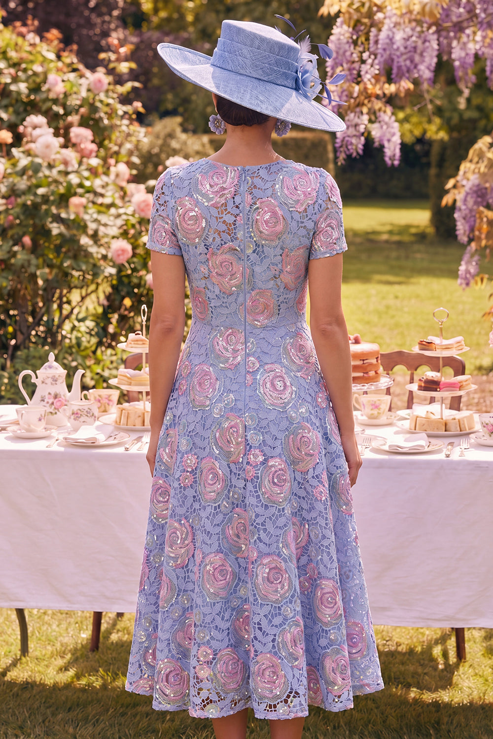 Sparkly Blue A Line Boat Neck Maxi Beaded Floral Mother of the Bride Dress