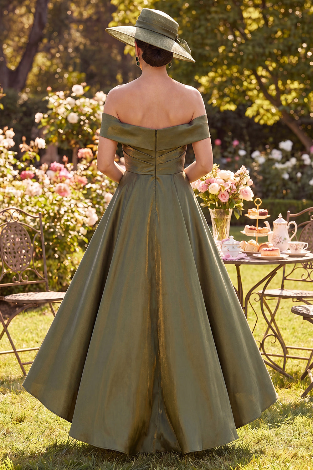 Glitter Olive Ruched A Line Off the Shoulder Long Mother of the Bride Dress