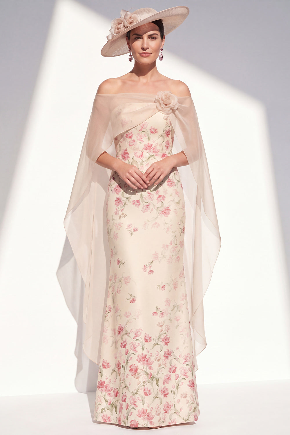 Apricot Mermaid Floral Strapless Long Mother of the Bride Dress with Cape