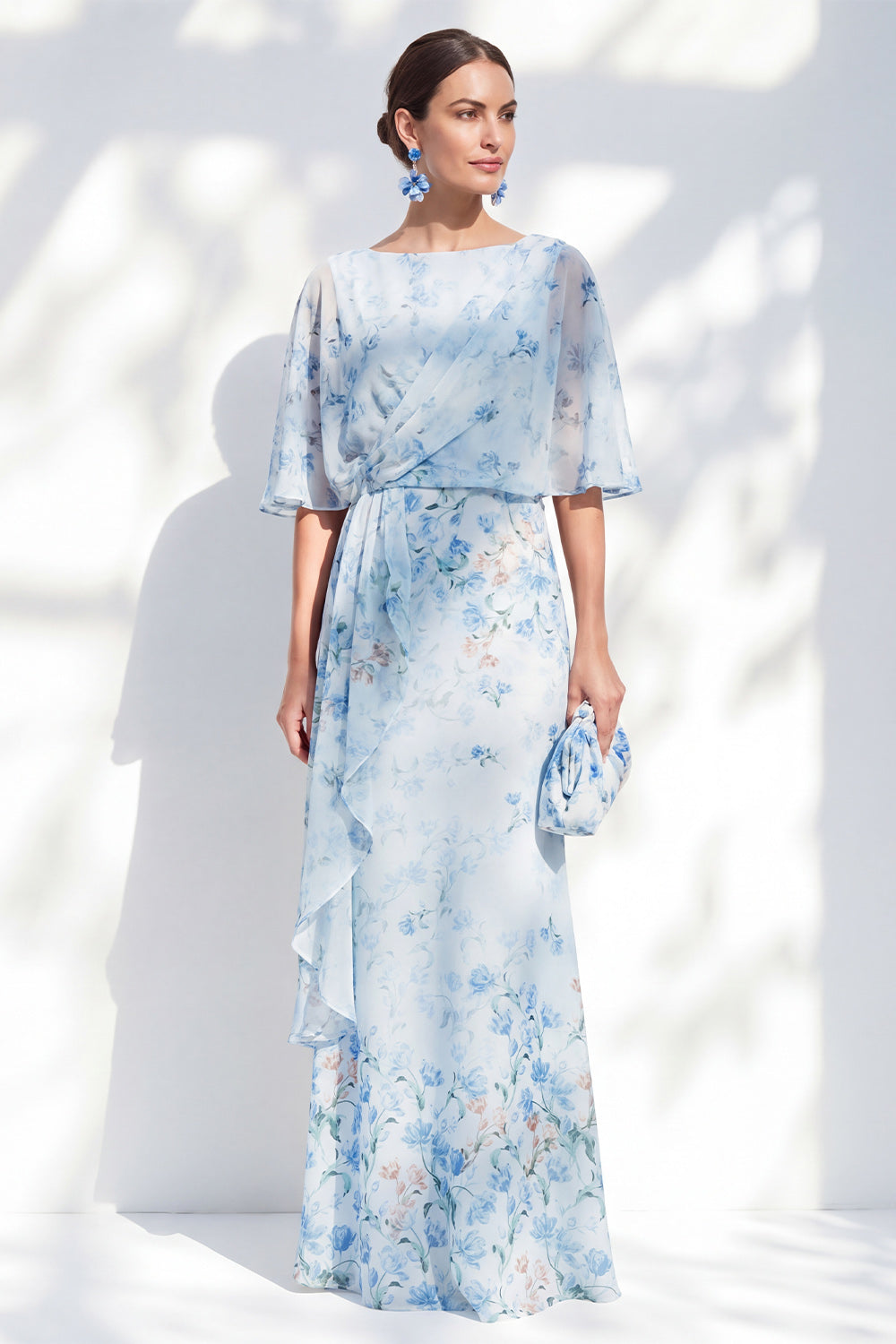 Blue Sheath Floral Boat Neck Long Mother of the Bride Dress with Ruffles