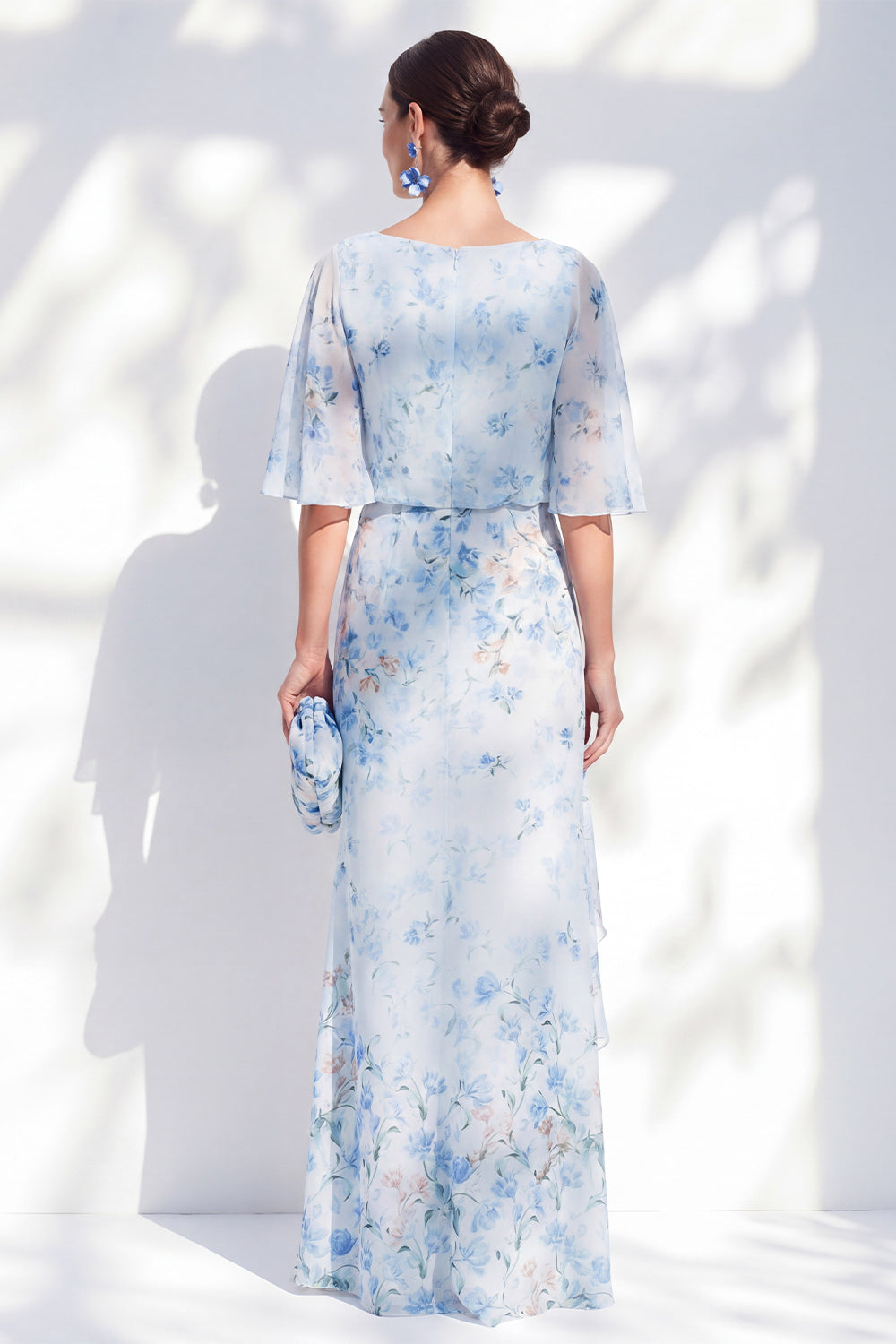 Blue Sheath Floral Boat Neck Long Mother of the Bride Dress with Ruffles
