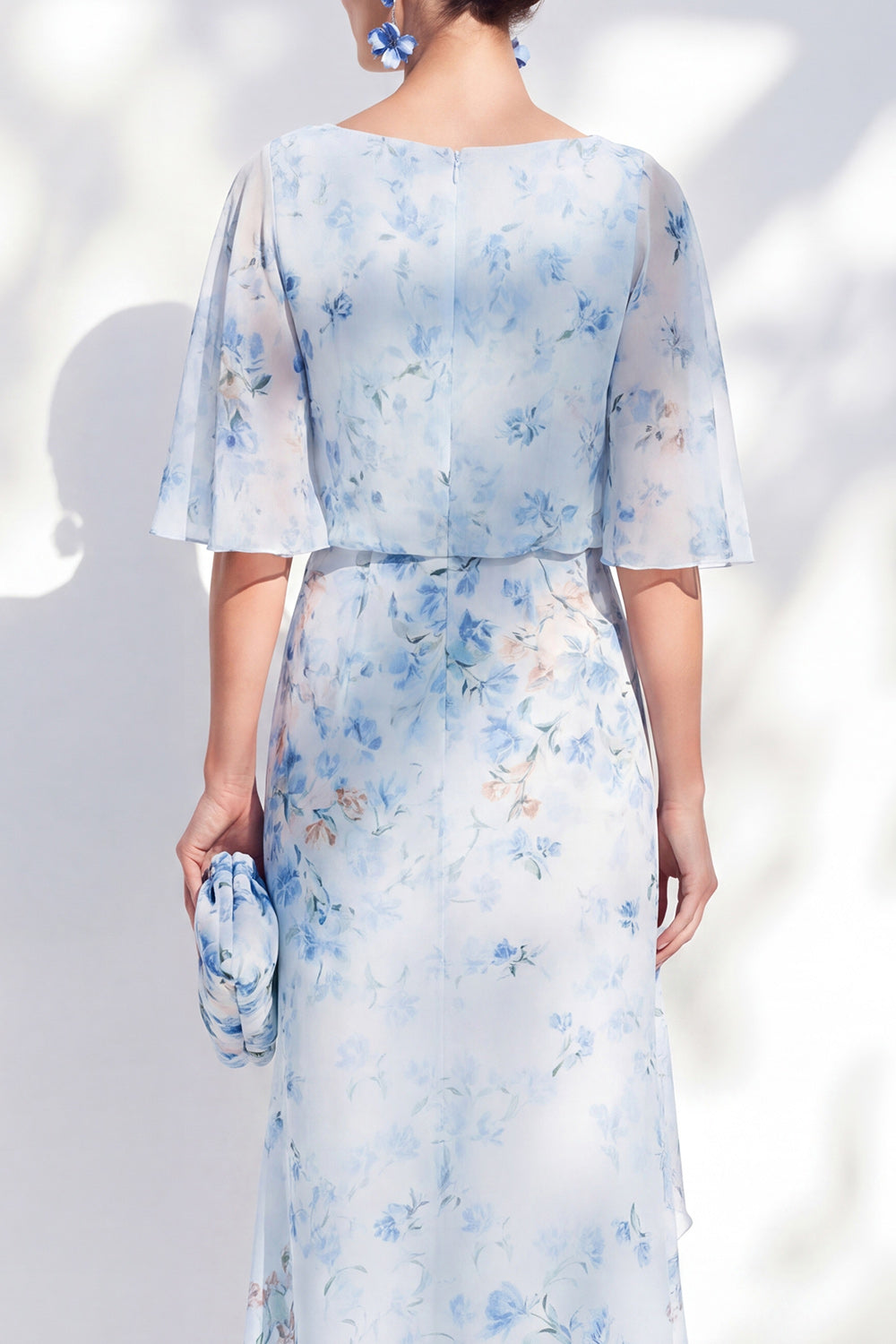Blue Sheath Floral Boat Neck Long Mother of the Bride Dress with Ruffles
