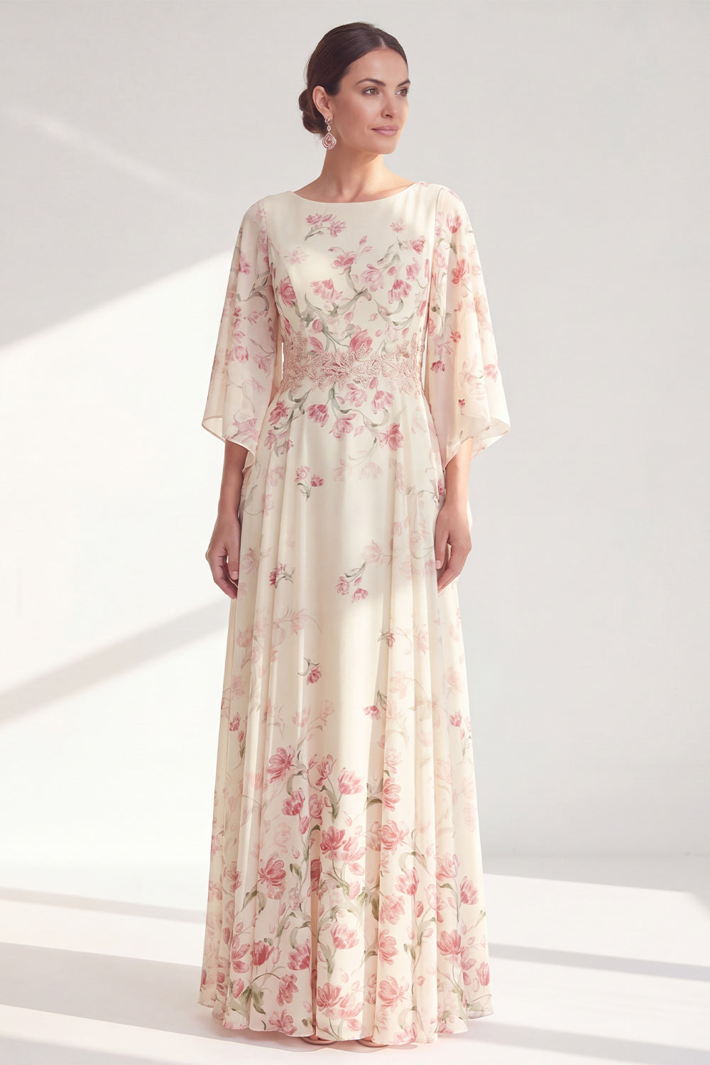 Apricot Boat Neck A Line Long Floral Mother of the Bride Dress