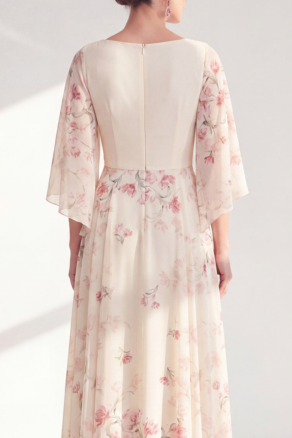 Apricot Boat Neck A Line Long Floral Mother of the Bride Dress