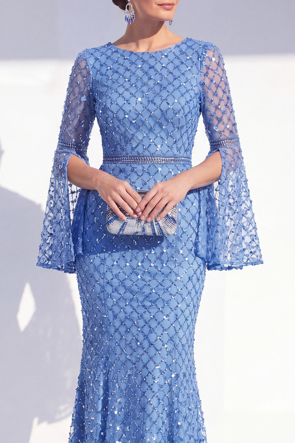 Sparkly Blue Mermaid Boat Neck Beaded Long Mother of the Bride Dress with Sleeves