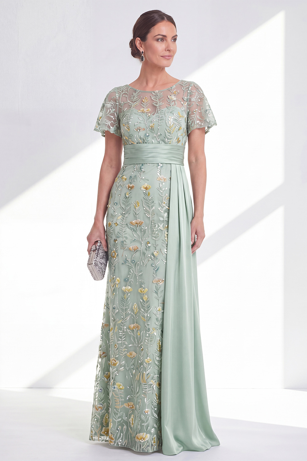 Green Long Floral Mermaid Beaded Mother of the Bride Dress with Side Cape