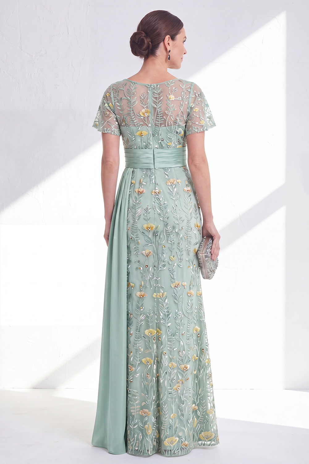 Green Long Floral Mermaid Beaded Mother of the Bride Dress with Side Cape
