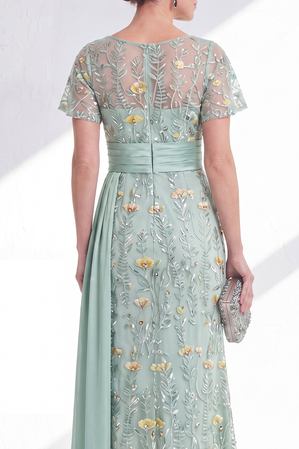 Green Long Floral Mermaid Beaded Mother of the Bride Dress with Side Cape