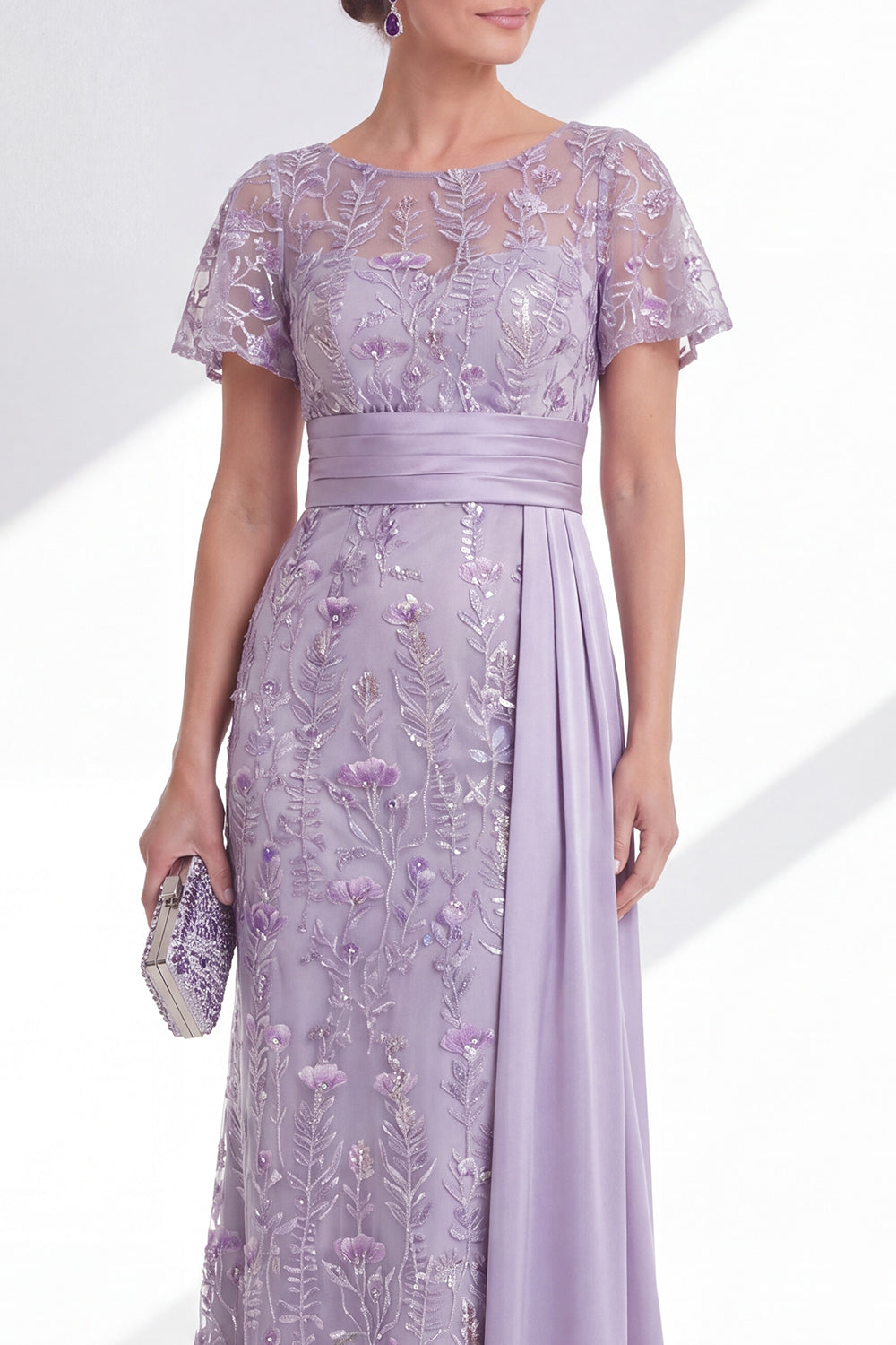 Lilac Long Floral Mermaid Beaded Mother of the Bride Dress with Side Cape