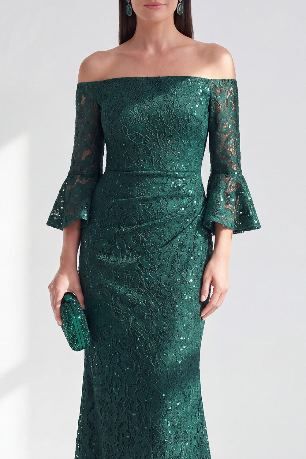 Sparkly Dark Green Mermaid Lace Beaded Long Mother of the Bride Dress with Sleeves