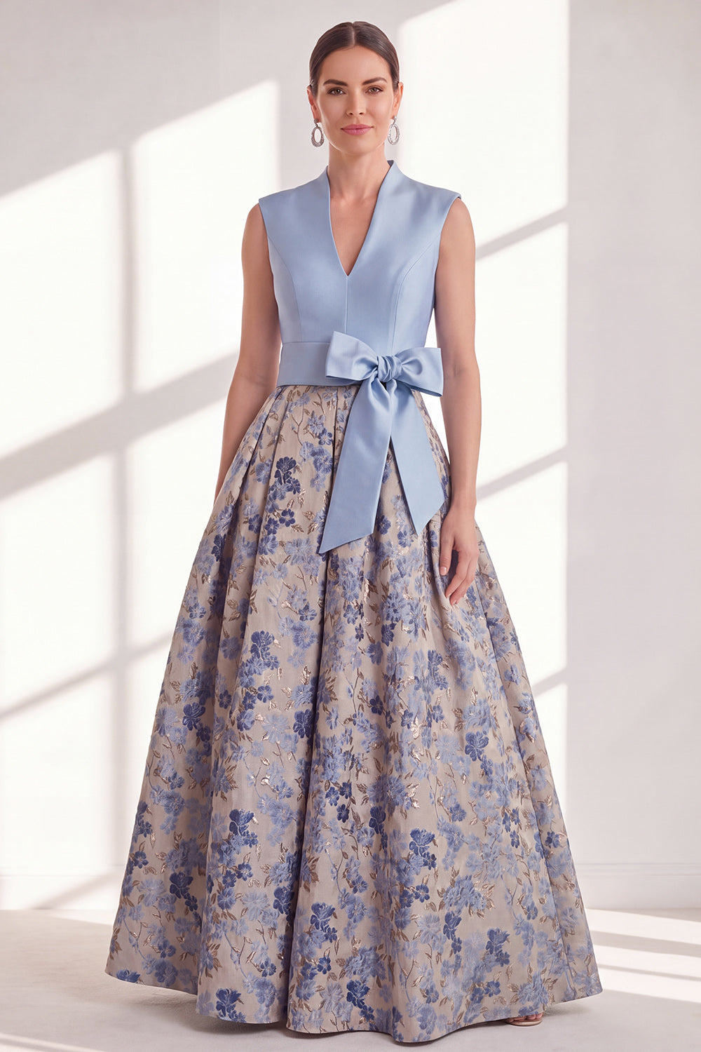 Blue V-Neck A Line Long Jacquard Floral Mother of the Bride Dress with Bow