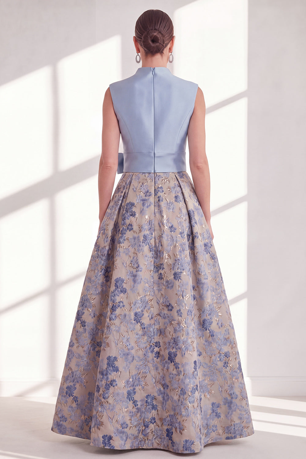 Blue V-Neck A Line Long Jacquard Floral Mother of the Bride Dress with Bow