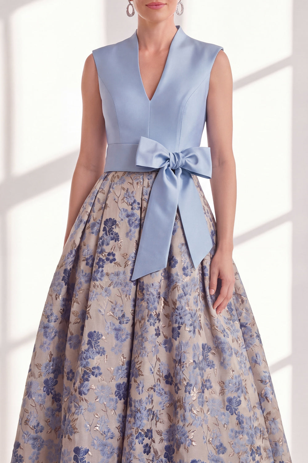 Blue V-Neck A Line Long Jacquard Floral Mother of the Bride Dress with Bow