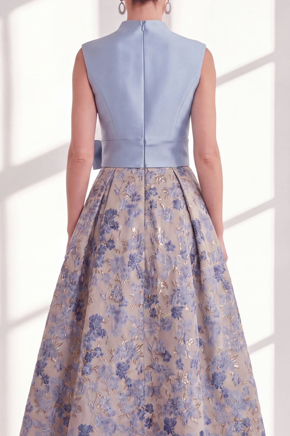 Blue V-Neck A Line Long Jacquard Floral Mother of the Bride Dress with Bow