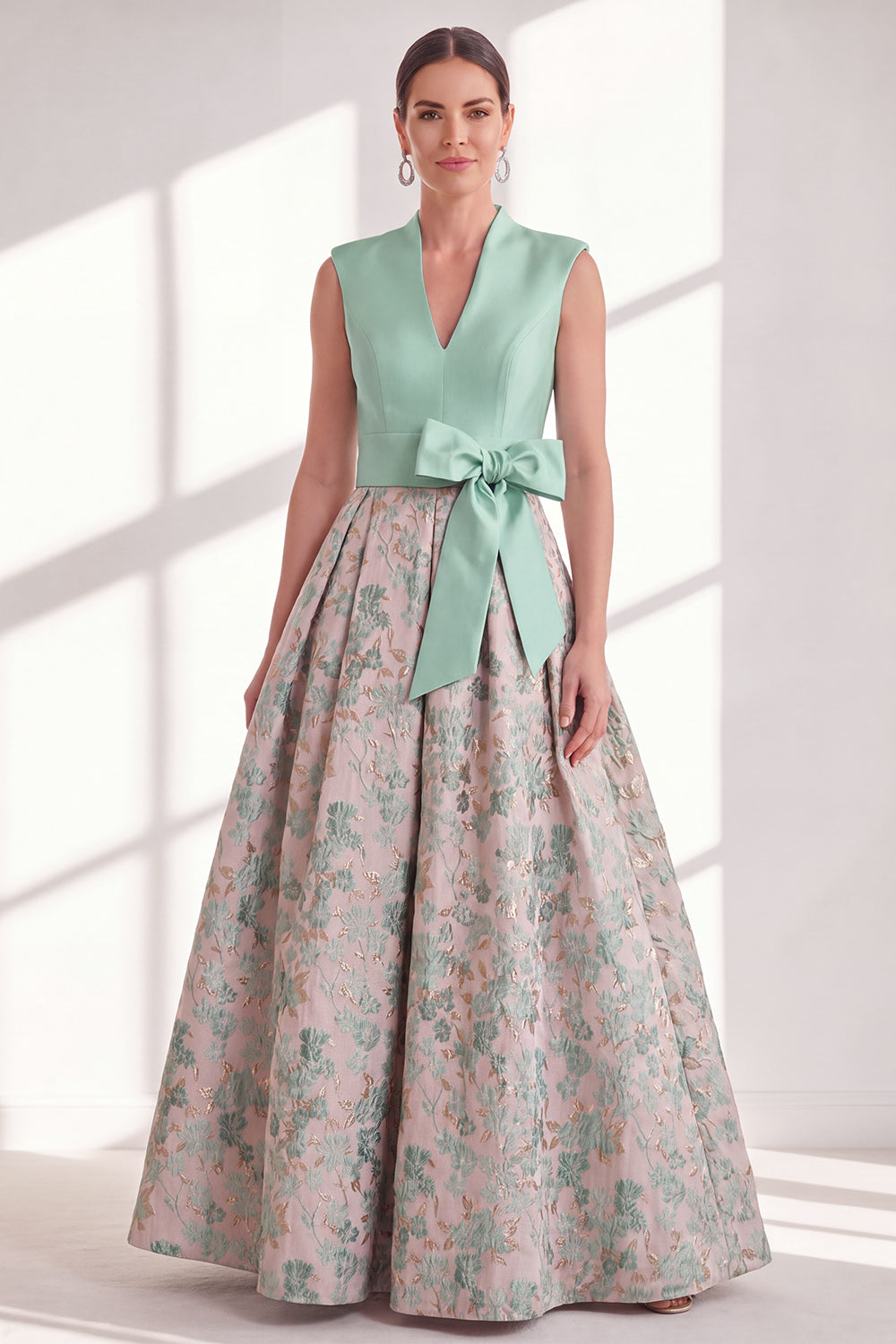 Blue V-Neck A Line Long Jacquard Floral Mother of the Bride Dress with Bow