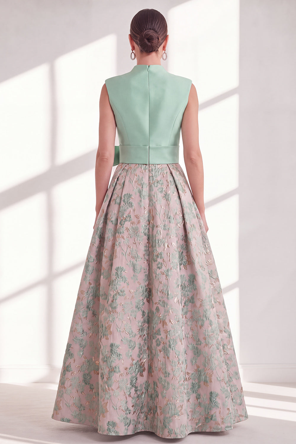 Blue V-Neck A Line Long Jacquard Floral Mother of the Bride Dress with Bow