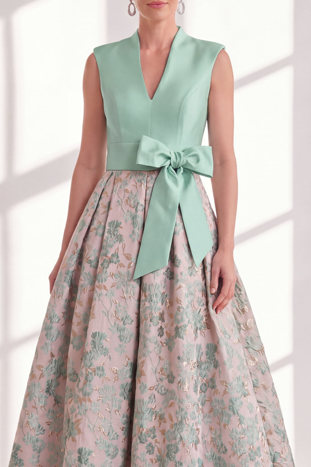 Blue V-Neck A Line Long Jacquard Floral Mother of the Bride Dress with Bow