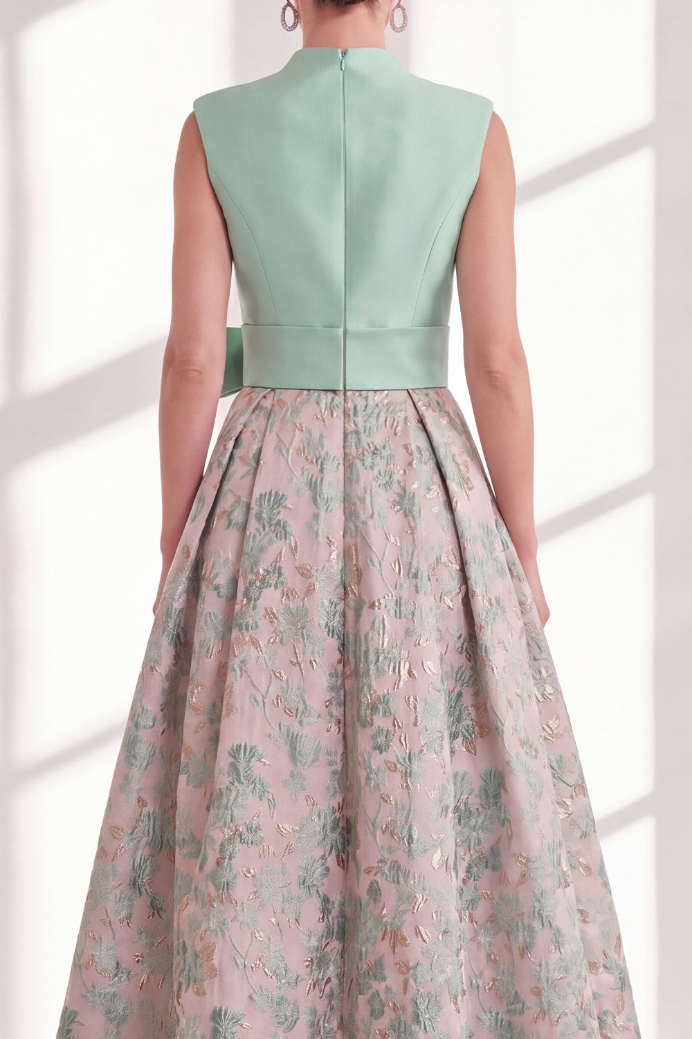 Blue V-Neck A Line Long Jacquard Floral Mother of the Bride Dress with Bow