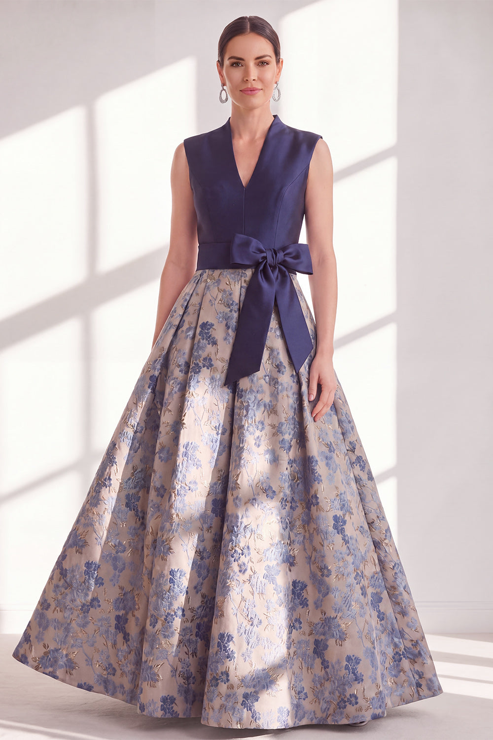 Blue V-Neck A Line Long Jacquard Floral Mother of the Bride Dress with Bow