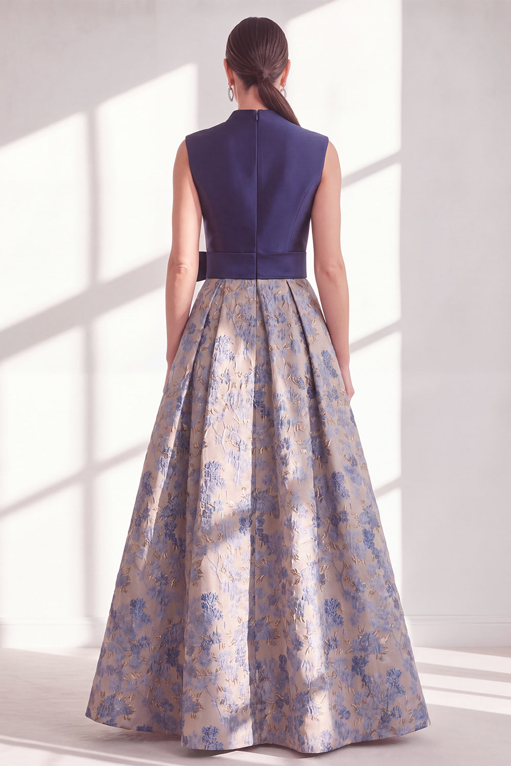 Blue V-Neck A Line Long Jacquard Floral Mother of the Bride Dress with Bow