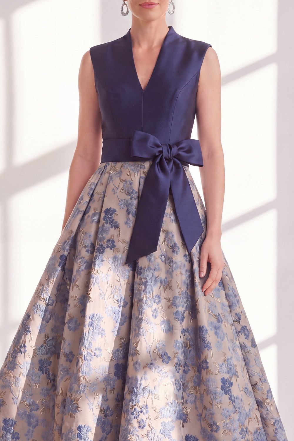Blue V-Neck A Line Long Jacquard Floral Mother of the Bride Dress with Bow