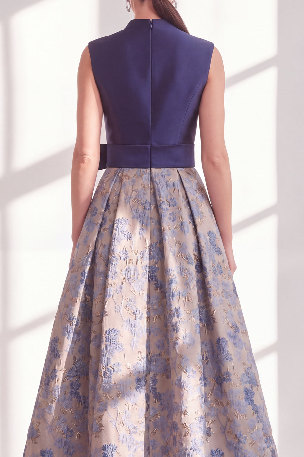 Blue V-Neck A Line Long Jacquard Floral Mother of the Bride Dress with Bow